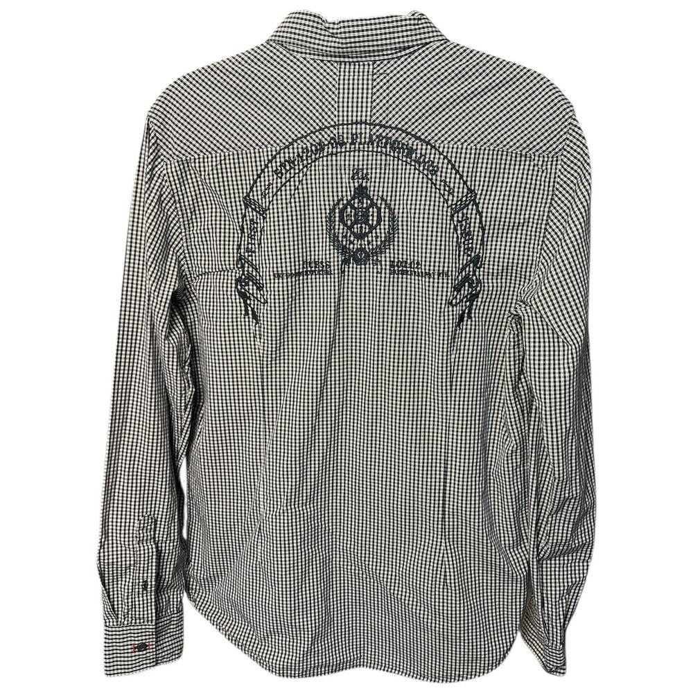 Guess Men’s Black and White Embroidered Check Button Down Long Sleeve Shirt - M